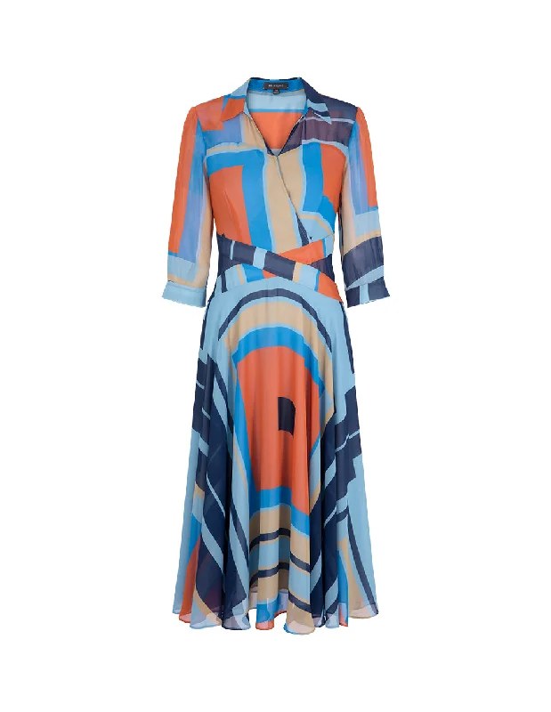 MARYLING Blue Artistic Checkered V-Neck Collar Large Swing Georgette Print Dress