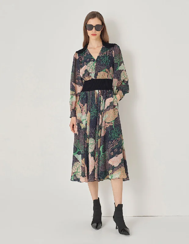 MARYLING Forest Green Shoulder Ruffles Trim V-Neck Dress