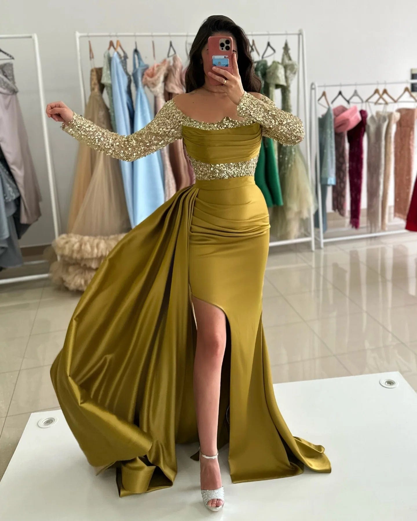 Olive Green Satin Mermaid Prom Dresses Long for Women 2025 Long Sleeve Side Slit Overskirt Formal Evening Gowns
