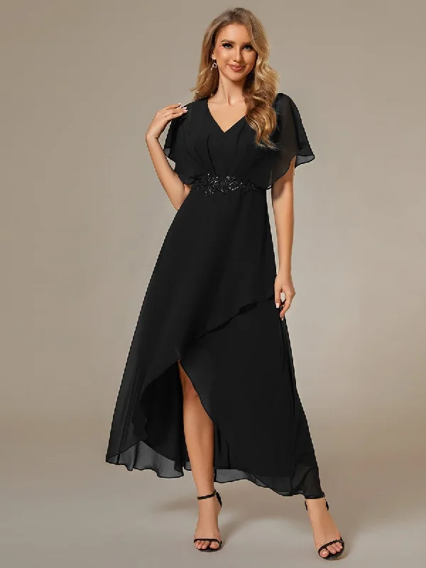 Haydie high low midi cape evening dress in black s22 Express NZ wide