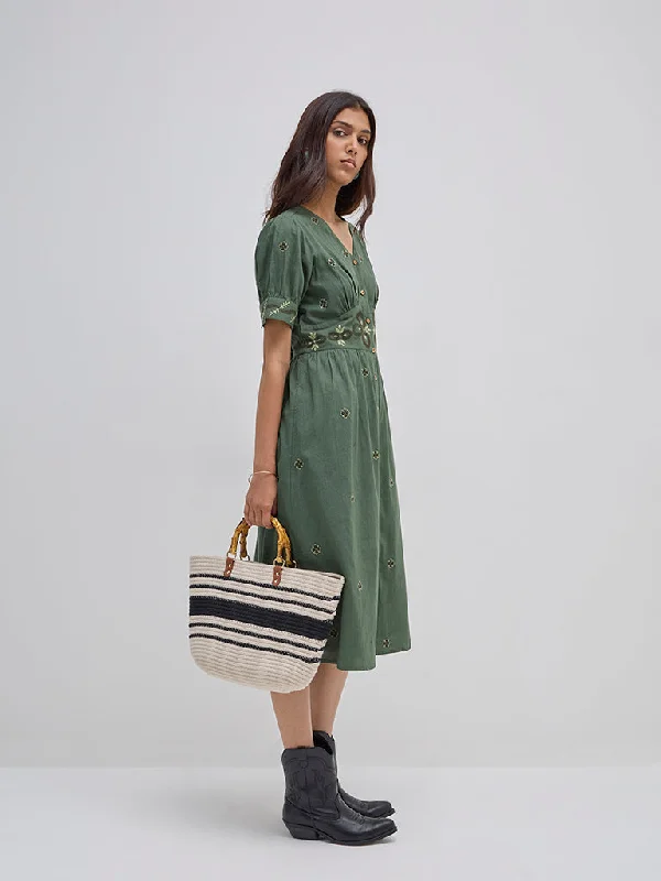 Bombay Paisley Olive Floral Embroidered Cotton A-Line Dress