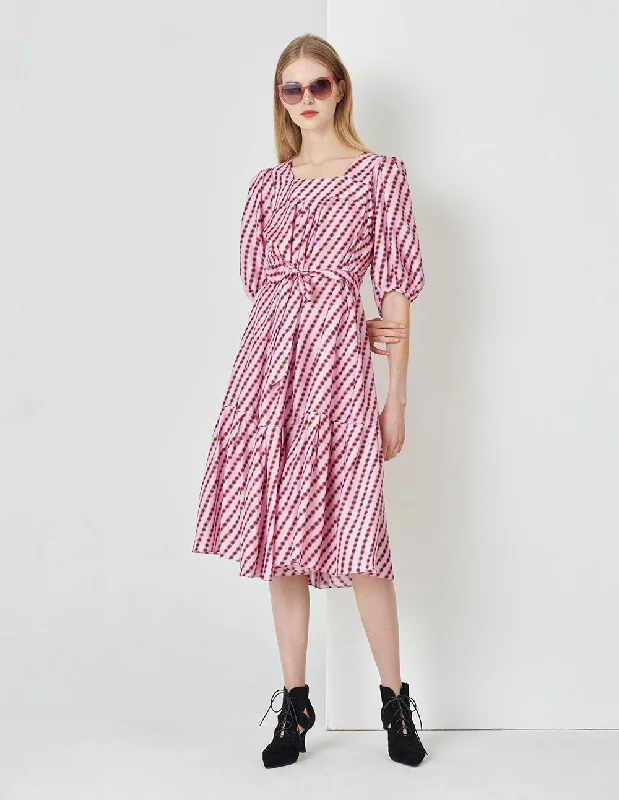MARYLING Pink Bubble Square Neck Puff Sleeve Print Dress