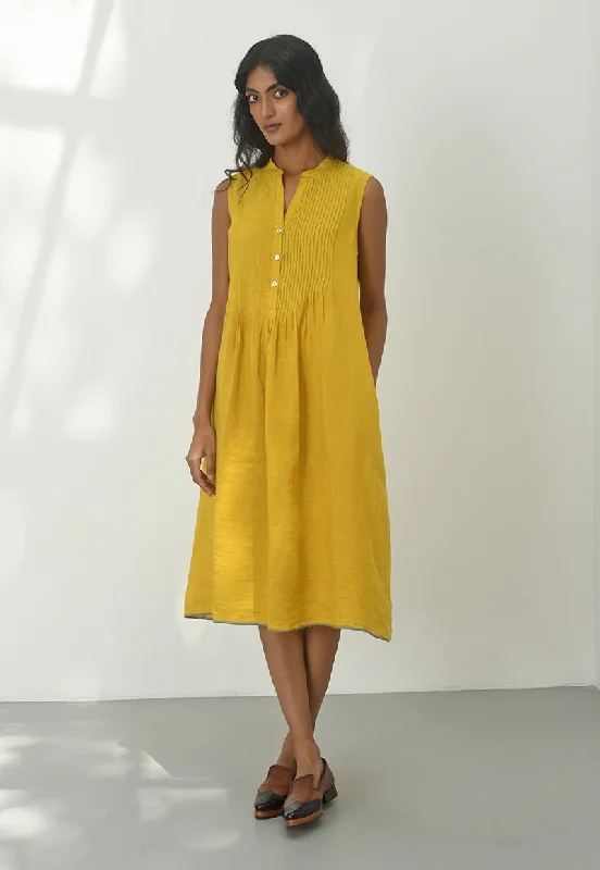 Perugia mustard pin-tuck dress