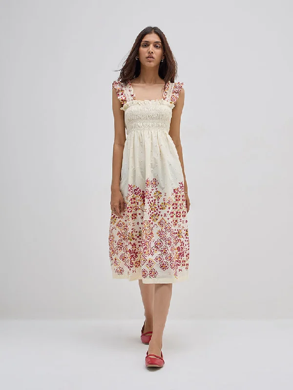 Bombay Paisley Off-White Schiffli Cotton A-Line Dress