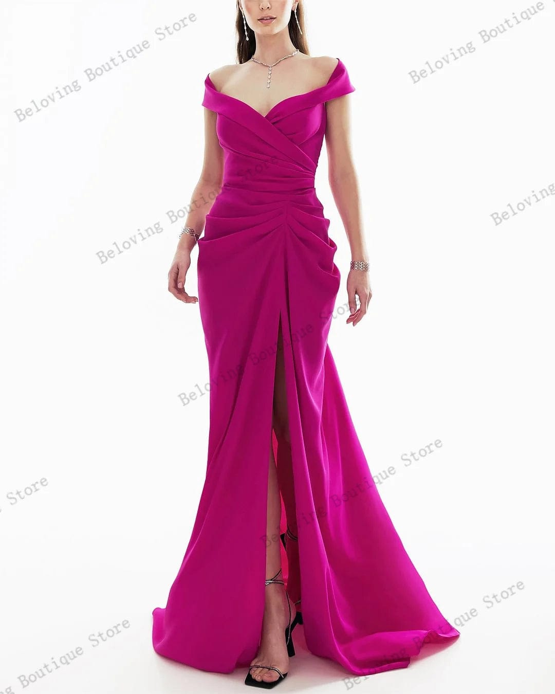 Women's Rose Red Slit Evening Dresses Luxury Mermaid Satin Arabic Modest Prom Dress Birthday Engagement Dress Custom Party Gowns