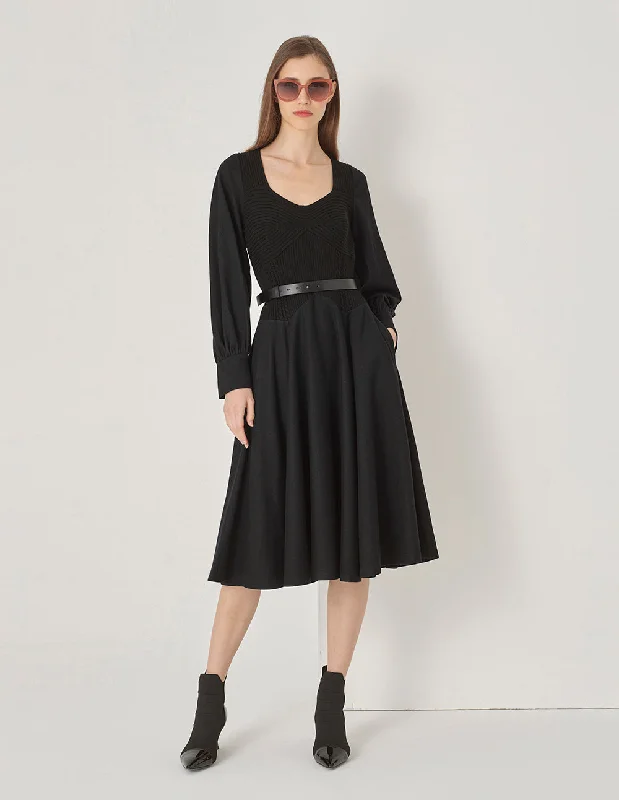 MARYLING Black V-Neck Patchwork A-Hem Dress