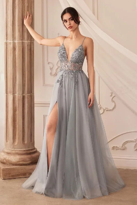 Ophelia Bead Tulle Gown Sheer Sequin Floral Motif Long Prom & Ball Dress CDA0672