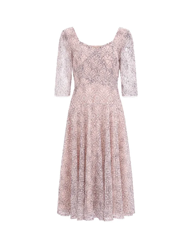 MARYLING Pink Round-Neck Waist Lace Dress