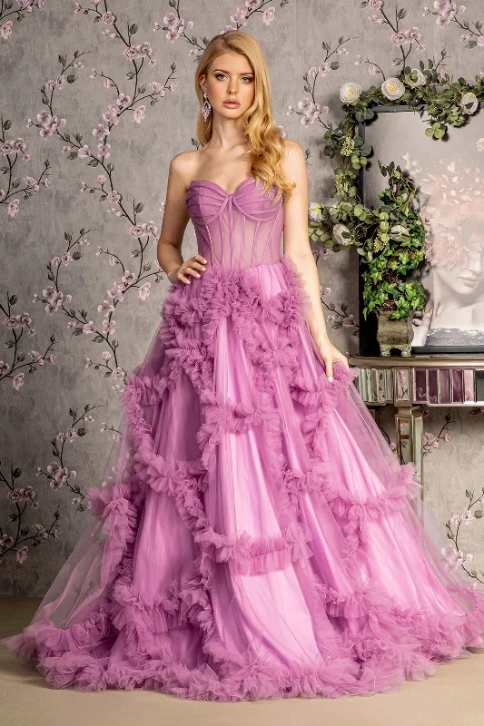 Strapless Sheer Bodice Ruffled Skirt Mesh A-line Long Prom Dress GLGL3455