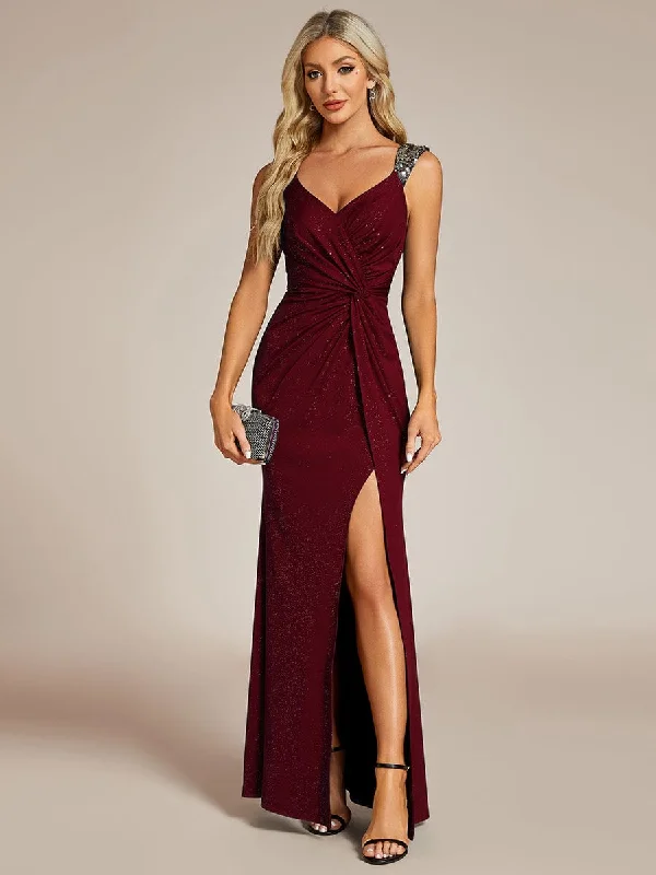 Halo stretch ruched evening ball dress with split and sparkle