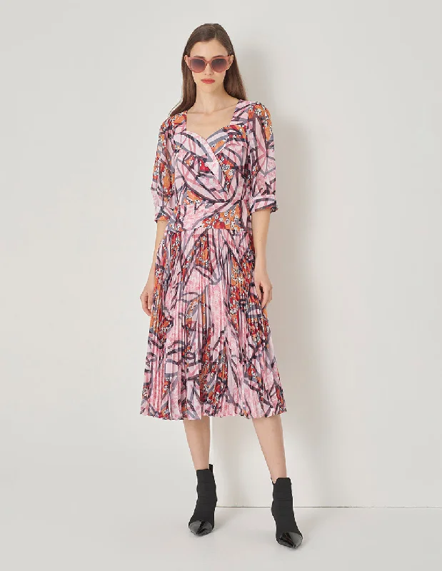 MARYLING Peach Blossom Square V Neck Cross Pleated Print Dress