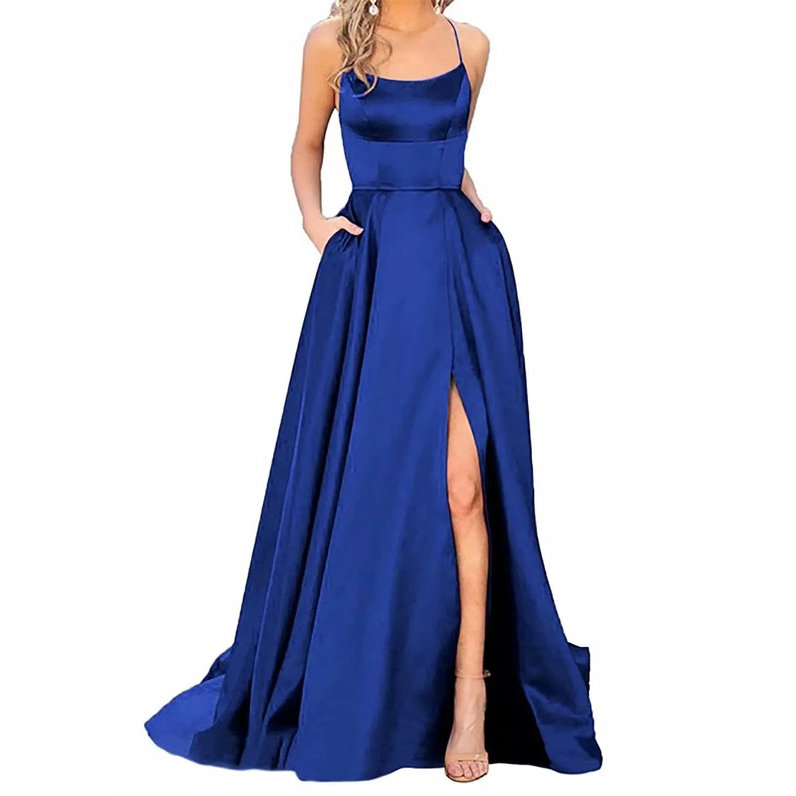 Sexy Deep Blue Prom Dresses Women's Long Dresses Sexy Criss-cross Satin Spaghetti Party Prom Dress Tie Formal Dresses for Women
