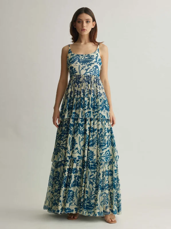 White blue floral long dress