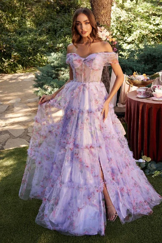 Off Shoulder Floral A-Line Open Back Layered Skirt Long Prom Dress CDA1286