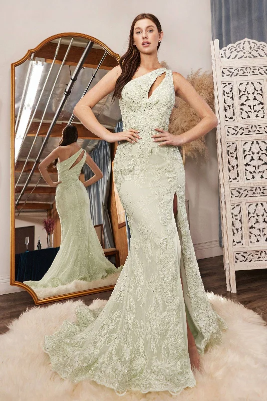 One Shoulder Embroidered Fitted Floral Embellishments High Leg Slit Long Prom Dress CDCD973