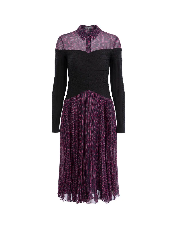 MARYLING Black And Red Shirt Collar Knit Woven Dress