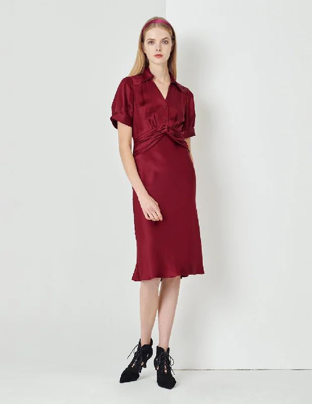 MARYLING Burgundy Red V Neck Knotted Mermaid Dress