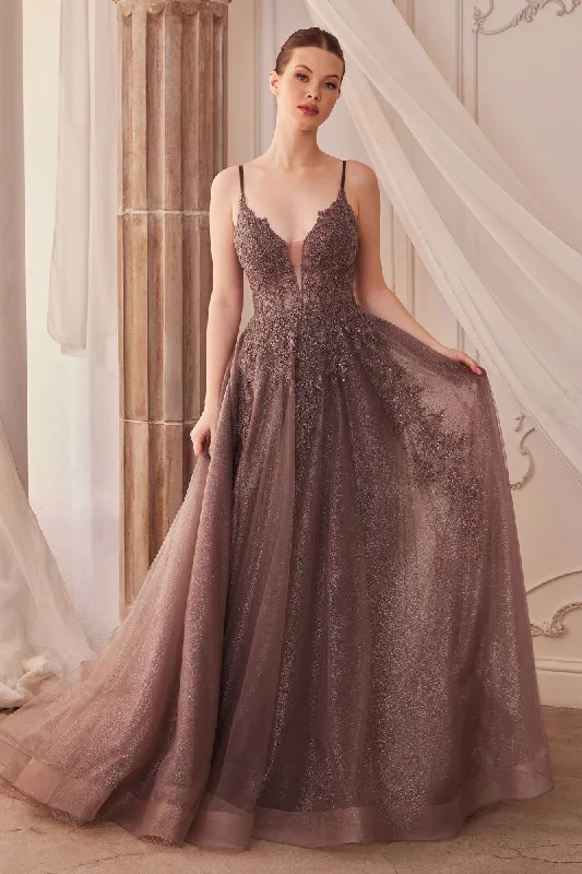 Lace Embellished A-Line Layered Tulle Illusion V-Neck Long Prom Dress CDA1261