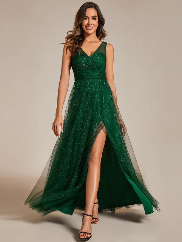 Karlia maxi sparkling ball dress with split Ever Green Express NZ wide