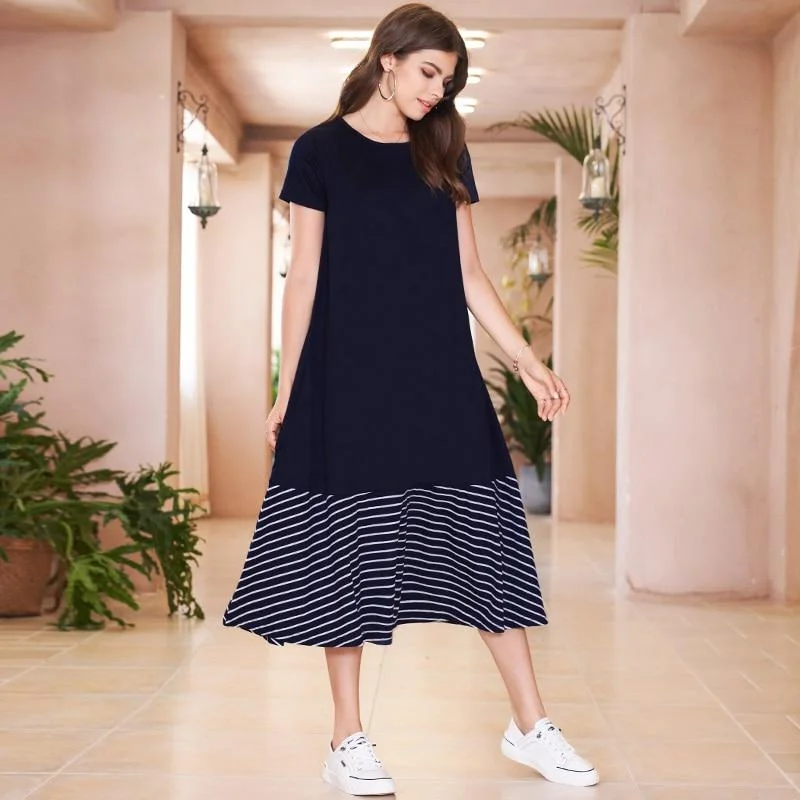 FashionSierra - Blue Striped Hem Stitching Straight Long Short Sleeve O-neck College Style Loose Midi Dress Cozy Wide Strap Midi Dress