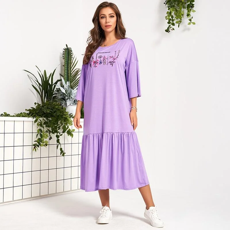 FashionSierra - Summer Dress Women Purple Loose Casual Hand Drawn Floral Letter Print 3/4 Sleeve Ruffle Hem Stitching Long Midi Dresses Stylish Silk Midi Dress