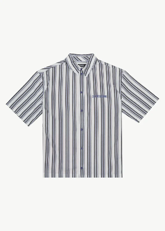 AFENDS Mens Lined Up - Short Sleeve Shirt - White Stripe Chic Silk Short Sleeve Shirt