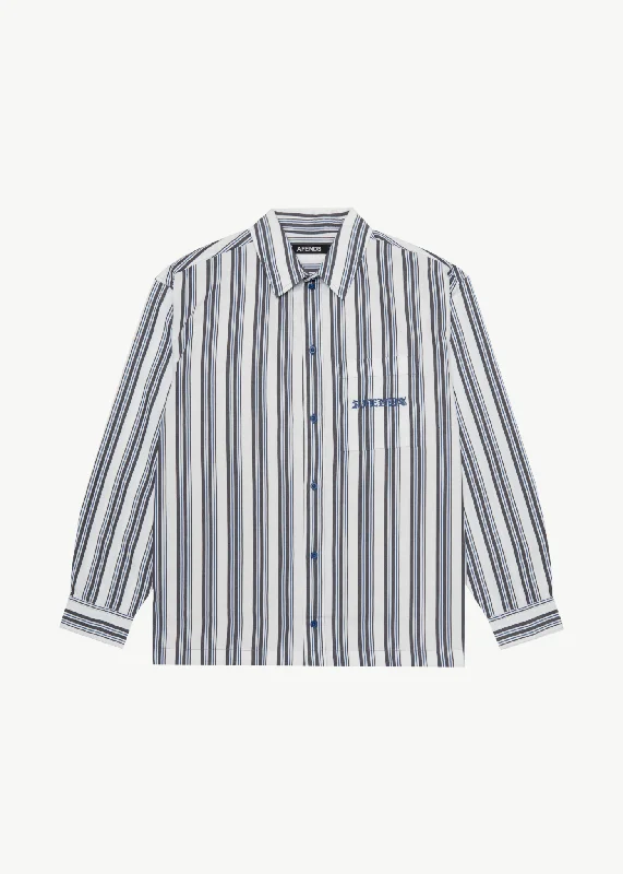 AFENDS Mens Lined Up - Long Sleeve Shirt - White Stripe Classic Solid Short Shirt