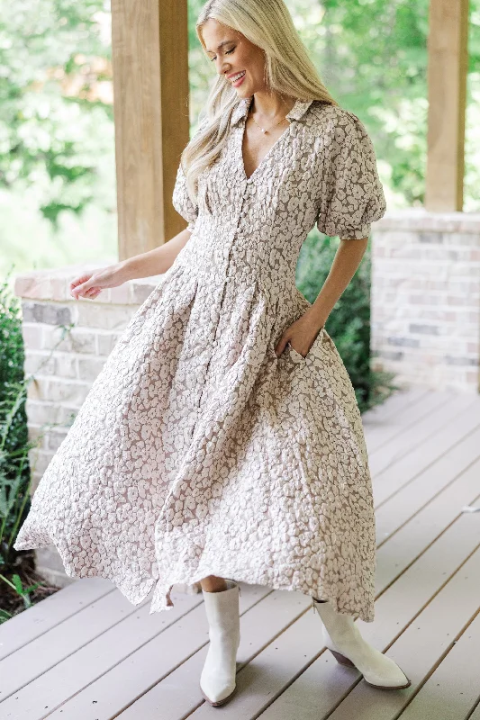 All Going To Plan Taupe Floral Brocade Midi Dress Trendy Knit Midi Dress