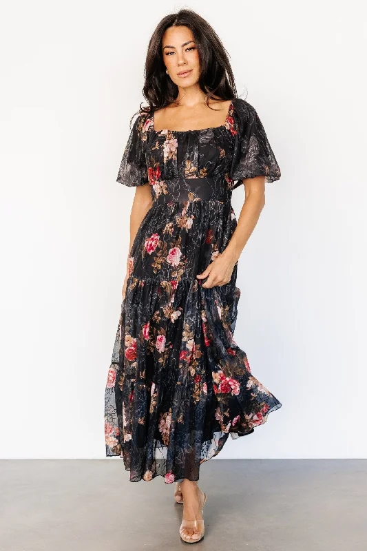 Annabeth Midi Dress | Black Floral Comfortable Ruched Midi Dress