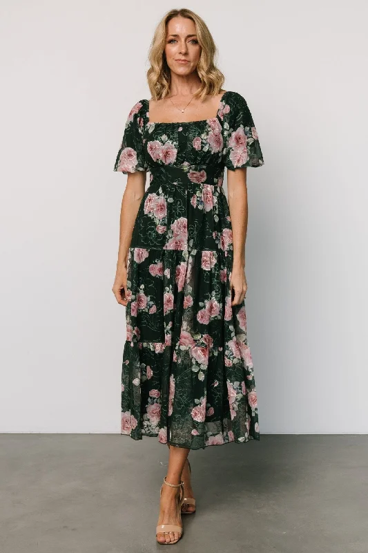 Annabeth Midi Dress | Dark Green + Pink Trendy Off-Shoulder Button Midi Dress