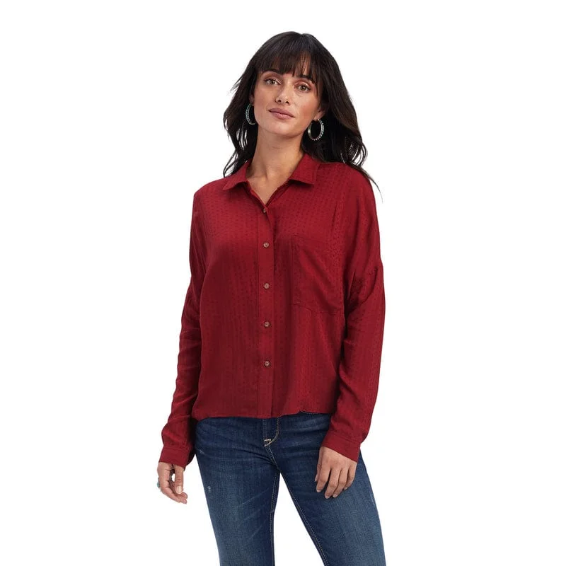 Ariat Women's Valley of Fire Sun-Dried Tomato Long Sleeve Shirt 10041663 Fashionable Sheer Short Shirt Ariat Women's Valley of Fire Sun-Dried Tomato Long Sleeve Shirt 10041663 Fashionable Sheer Short Shirt