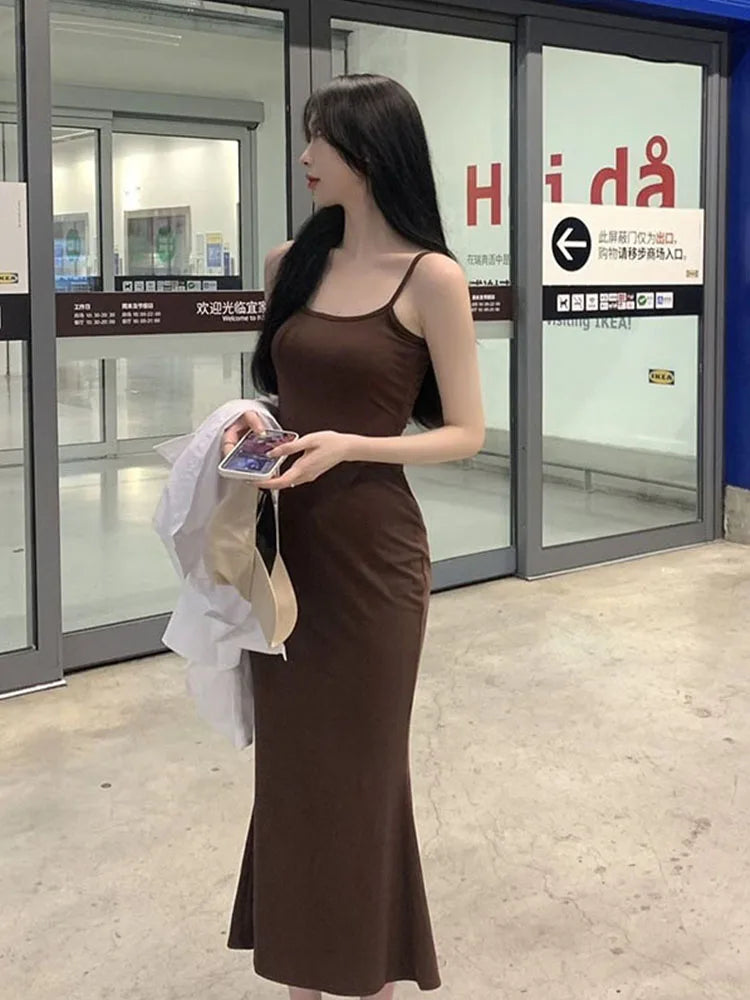 Autumn Pure Sleeveless Sexy Sheath Hotsweet Korean Popular Midi Dresses Trendy Square Neck Midi Dress