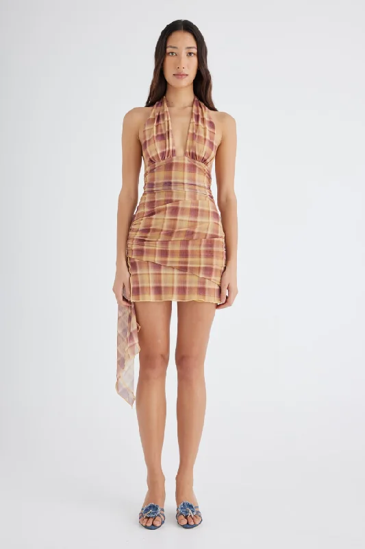 Penelope Halter Mini Dress Toffee Check Comfortable Polka Dot Mini Dress