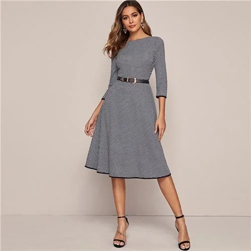 FashionSierra - Black And White Houndstooth Elegant Dress Without Belt Women Spring 3/4 Length Sleeve Ladies A Line Midi Dresses Stylish Tiered Midi Dress