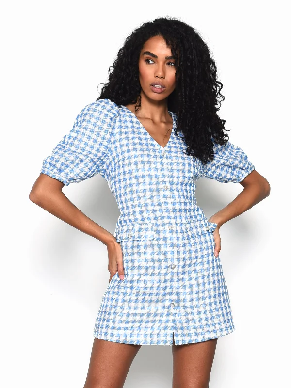 Blue Houndstooth Style Mini Dress Cozy Cotton Mini Dress