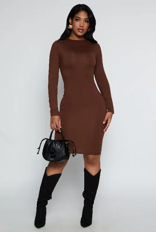 High Neck Long Sleeve Midi Dress Trendy Ruched Side Midi Dress