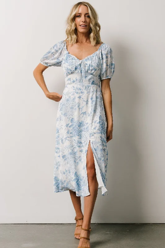 Cadence Midi Dress | Blue Floral Trendy Mock Neck Midi Dress