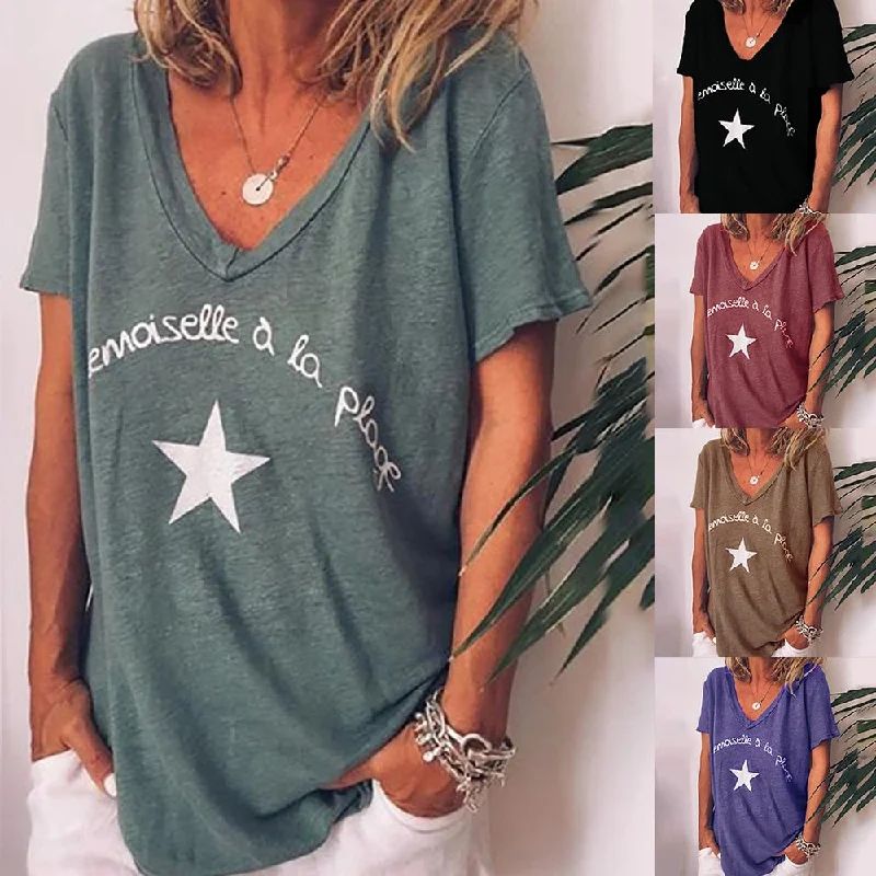 CALOFE Summer Women T Shirt Short Sleeve V Neck Letter Pentagram Print Tee Tops Female Fashion Loose Summer Cottom Clothes Classic V-Neck Short Shirt CALOFE Summer Women T Shirt Short Sleeve V Neck Letter Pentagram Print Tee Tops Female Fashion Loose Summer Cottom Clothes Classic V-Neck Short Shirt