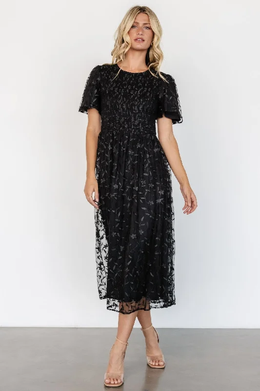 Cara Embroidered Midi Dress | Black Trendy Midi Dress with Belt