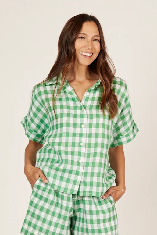 Carmen Linen Shirt in Treviso Green Chic V-Neck Short Blouse