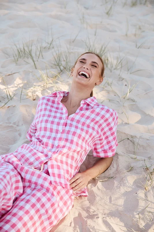 Carmen Linen Shirt in Treviso Pink Stylish Short Sleeve Top