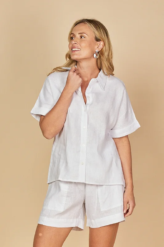 Carmen Linen Shirt in White Trendy Summer Short Sleeve