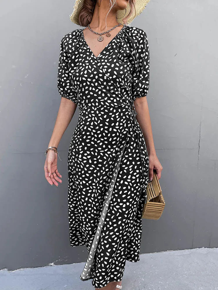 Casual Chiffon Side Wrap Polka Dot Puff A-line Split Midi Dresses Cozy T-shirt Midi Dress