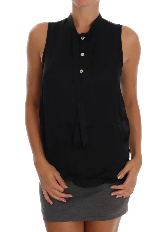 Chic Sleeveless Black Shirt Blouse Trendy Floral Print Tee