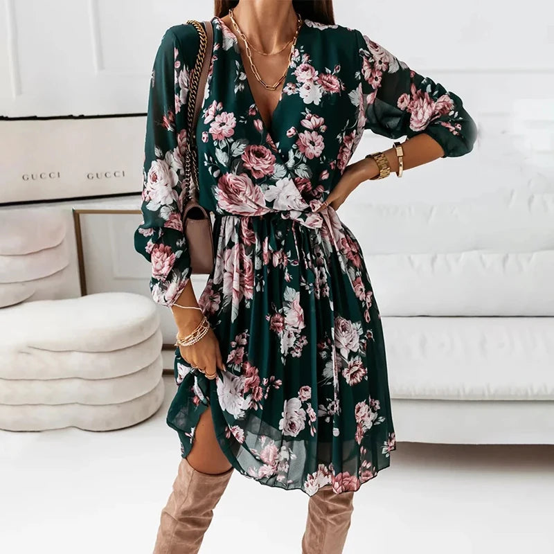 Chiffon Floral Casual Deep V Neck Green Pleated Office Femme Midi Dresses Fashionable Shift Midi Dress