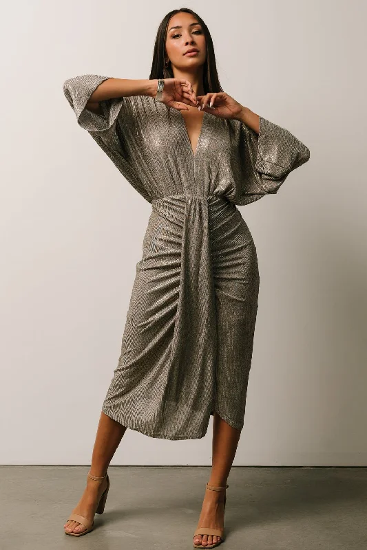 Ciara Ruched Midi Dress | Silver Metallic Trendy Long Sleeve Midi Dress