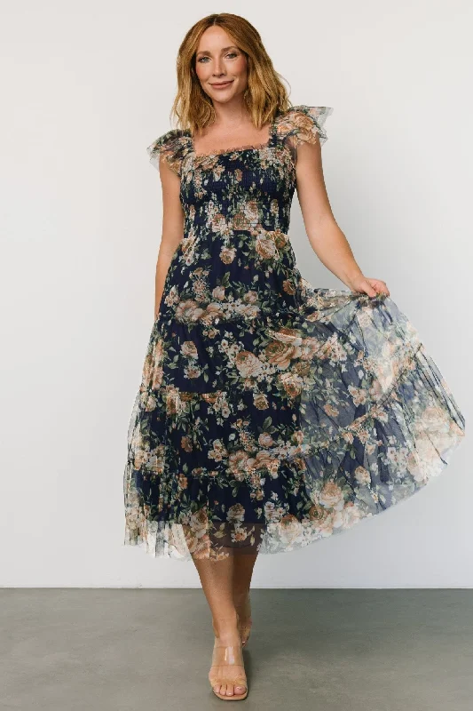 Clementine Tulle Midi Dress | Blue + Golden Floral Fashionable Sheer Sleeve Midi Dress