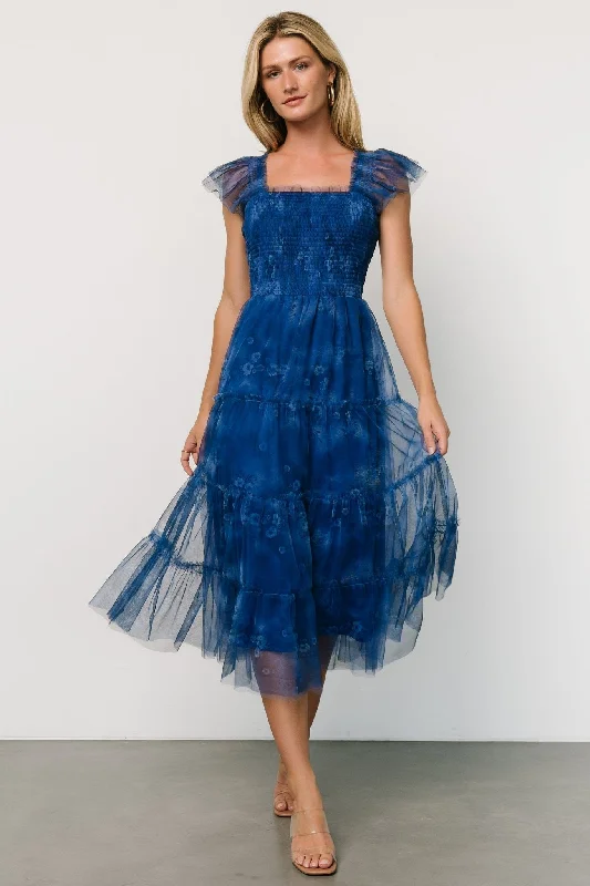 Clementine Tulle Midi Dress | Cobalt Fashionable High-Neck Midi Dress