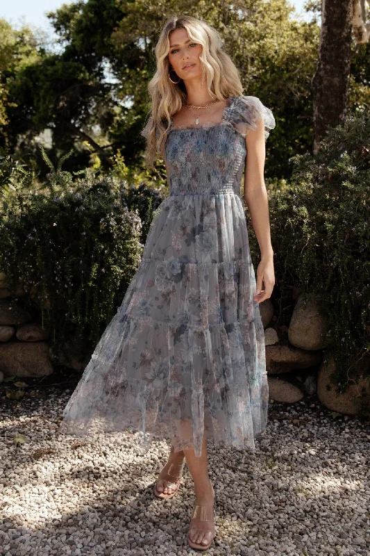 Clementine Tulle Midi Dress | Dusty Blue Floral Elegant V-Neck Midi Dress