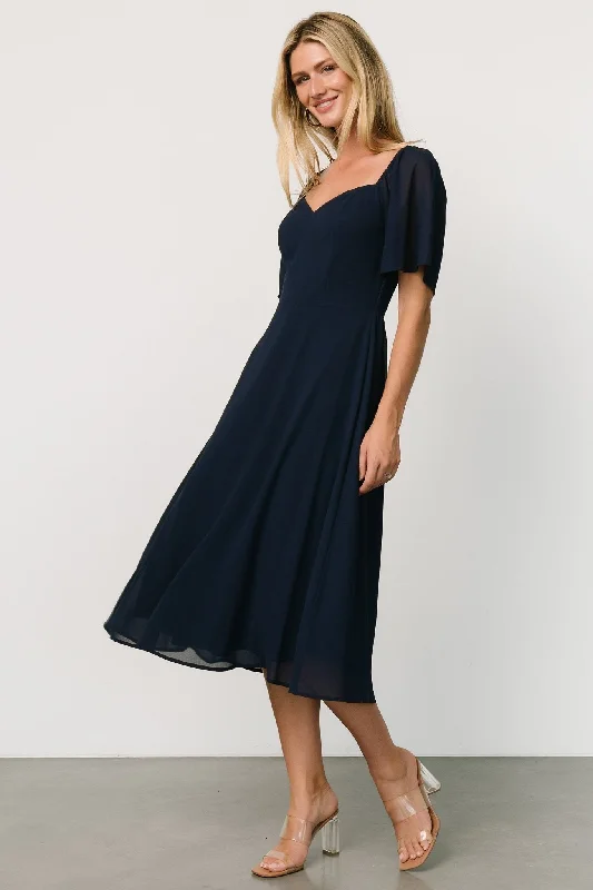 Colette Sweetheart Midi Dress | Navy Trendy Fit-and-Flare Midi Dress